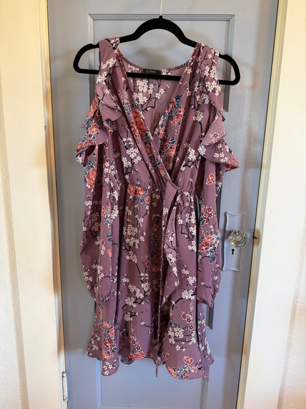 Soprano Mauve Floral Wrap Dress with White and Navy Accents